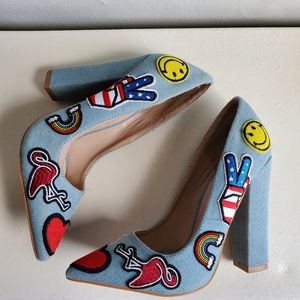 Shoe republic LA denim light blue chunk heel pointed toe rainbow smiley heart